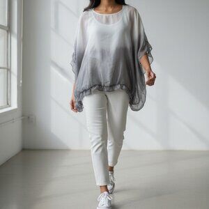 Scandal Italy Silk Blend Artsy Oversized Top Tan Gray Watercolor Sheer Sz L NWT